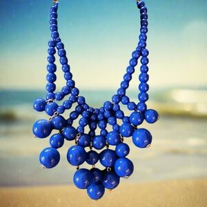Charming Charlie navy blue bubble beaded bib necklace Statement runway j…